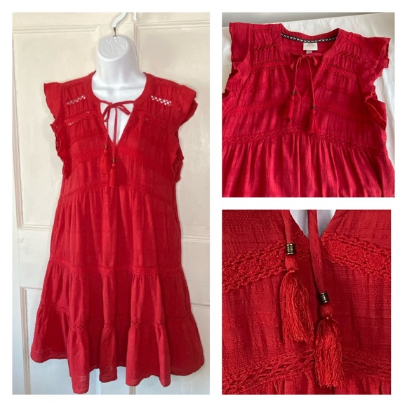 Knox Rose Red Tiered Boho Crochet Lace Baby Doll Mini Dress - Picture 1 of 14
